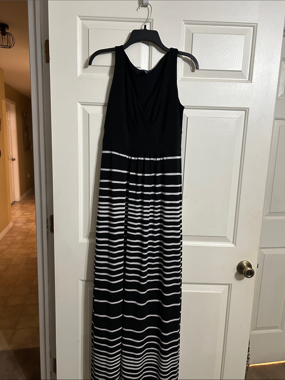 Chaps Black and White Sleeveless Striped Maxi Dress